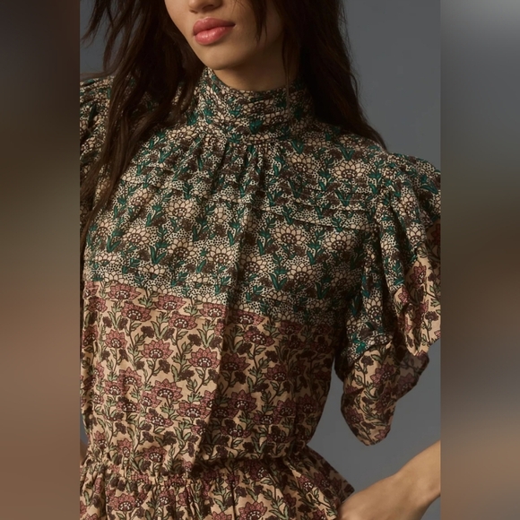 ANTHROPOLOGIE Let Me Be High-Neck Printed Peasant Blouse. Teal/mauve. XXS NWT - Picture 6 of 16